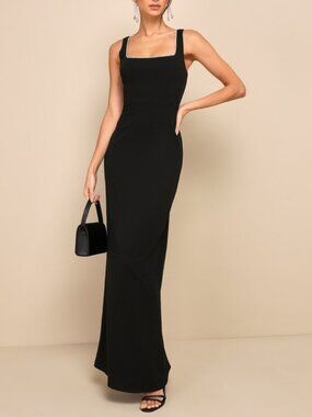 Lulus Timeless Poise Black Rhinestone Square Neck Backless Maxi Dress - Size M